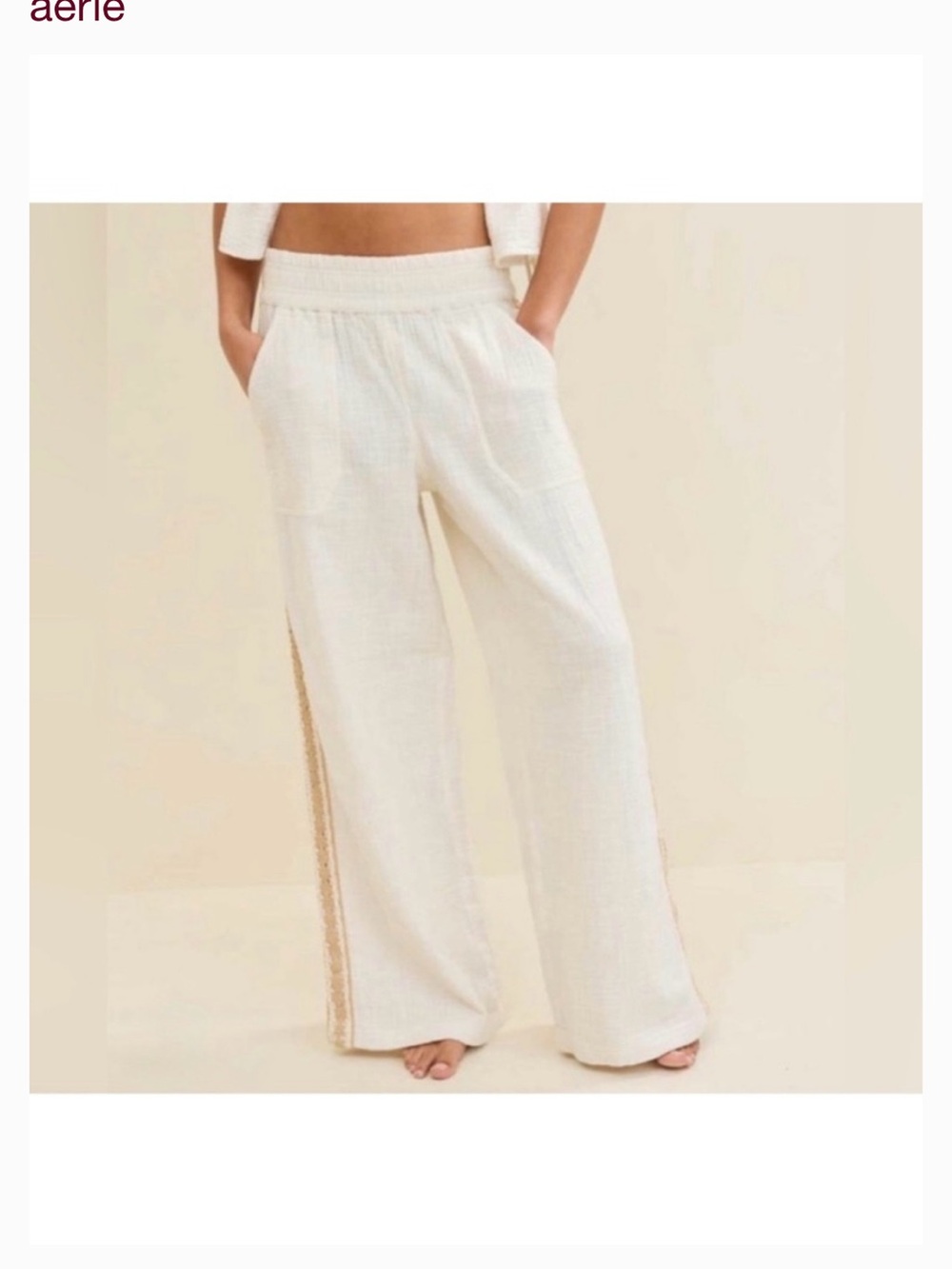 aerie Cream Wide-Leg Pants with Tan Side Trim